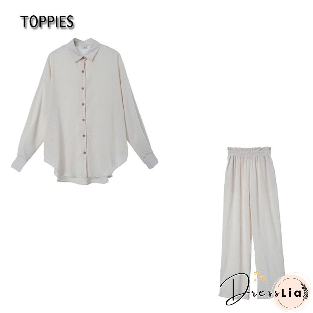 Toppies Women Two Piece Set Casual Shirt Office Lady Long Sleeve Blouse Chic Elastic Waist