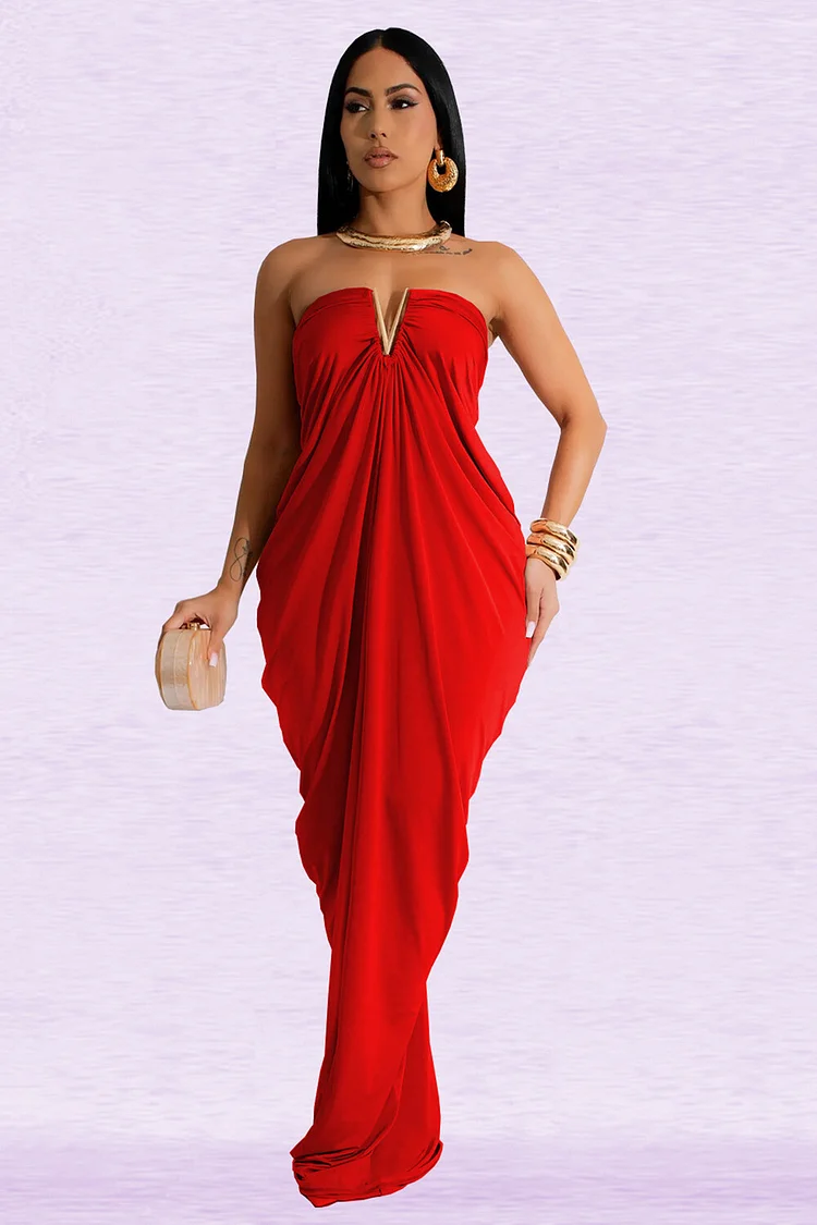 V Neckline Strapless Ruched Slim Fit Party Maxi Dresses-Red