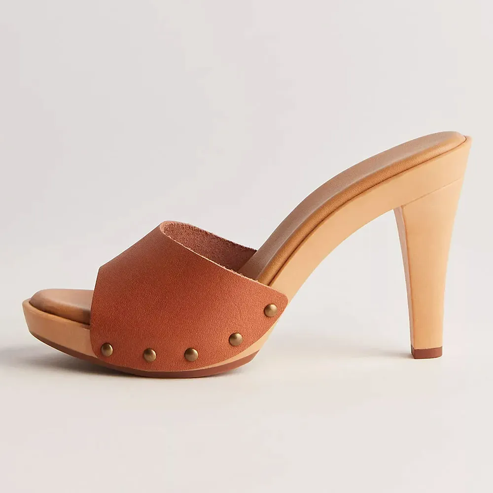 Tan Vegan Leather Chunky Heel Wide Strap Studded Platform Mules