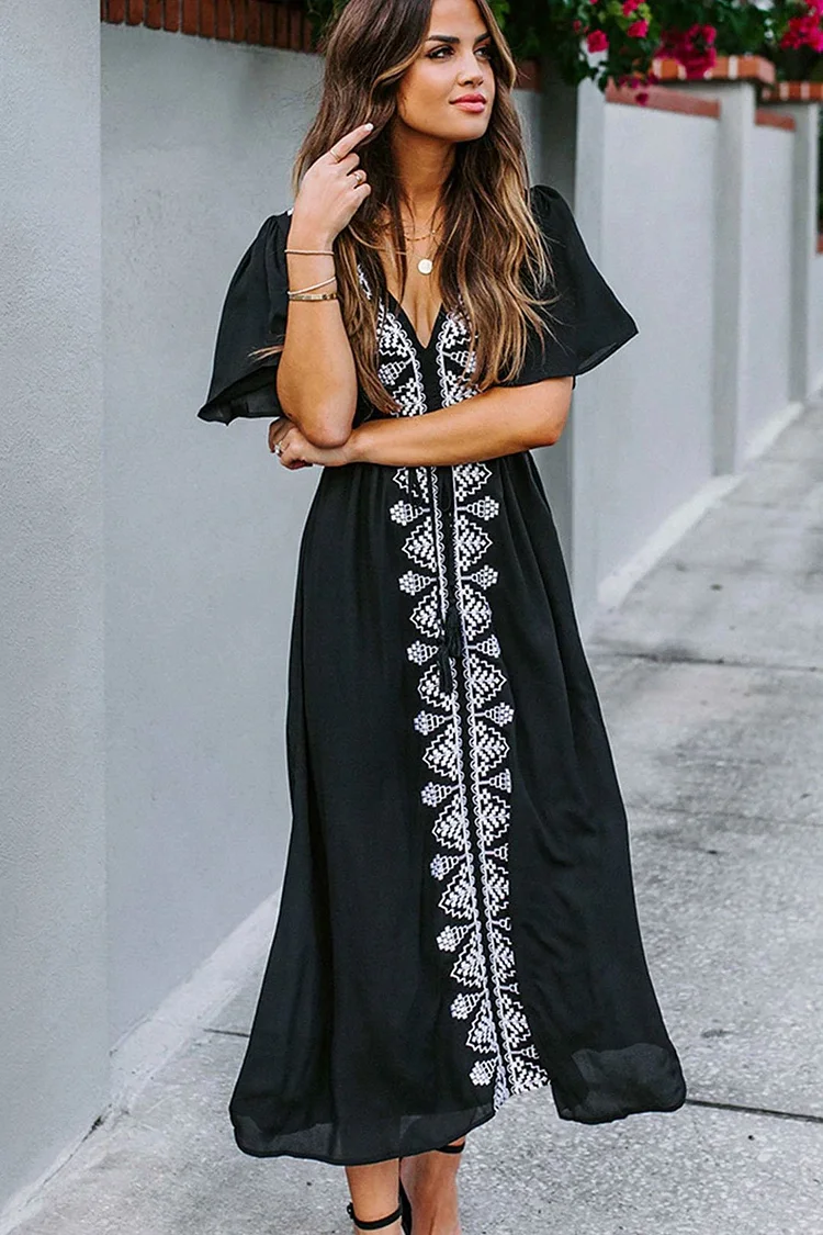 Luditu Midi Dress, Beach Dress, Embroidered Dress, Holly in Black
