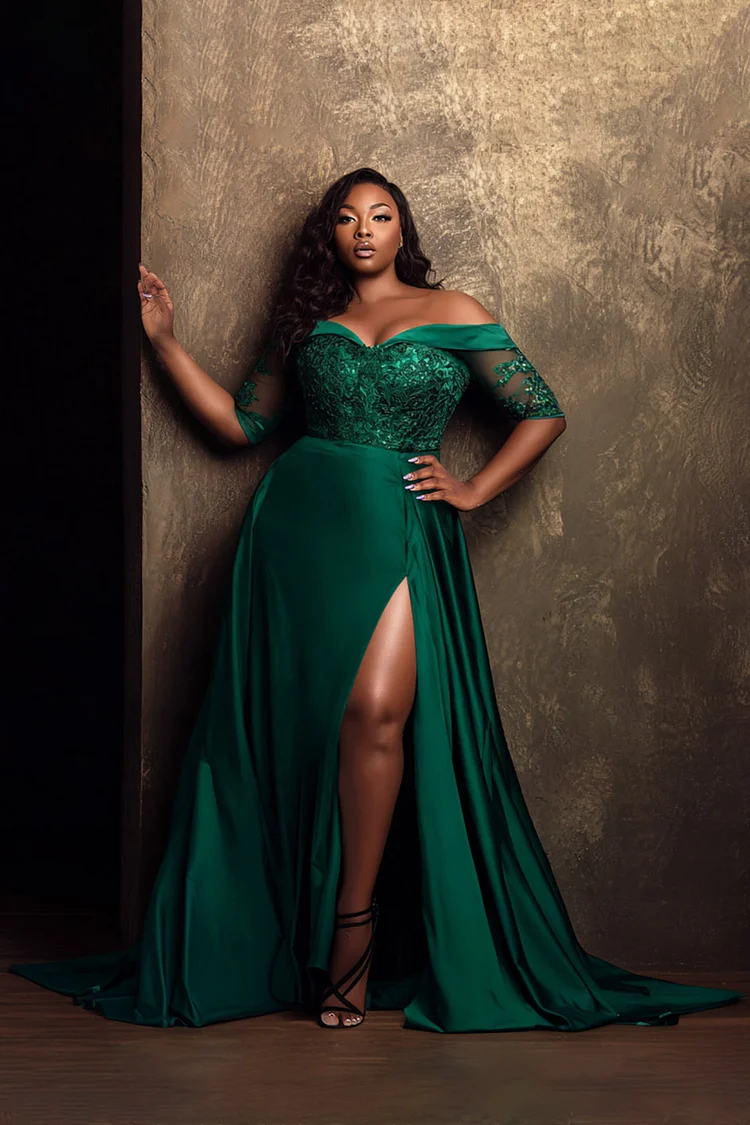 Xpluswear Design Plus Size Formal Emerald Green Off The Shoulder Short Sleeve Split Elegant See Through Lace Satin Maxi Dresses [Pre-Order]