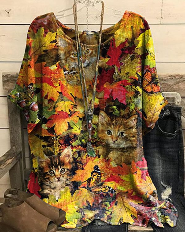 Cat And Flower Pattern  Casual Tee