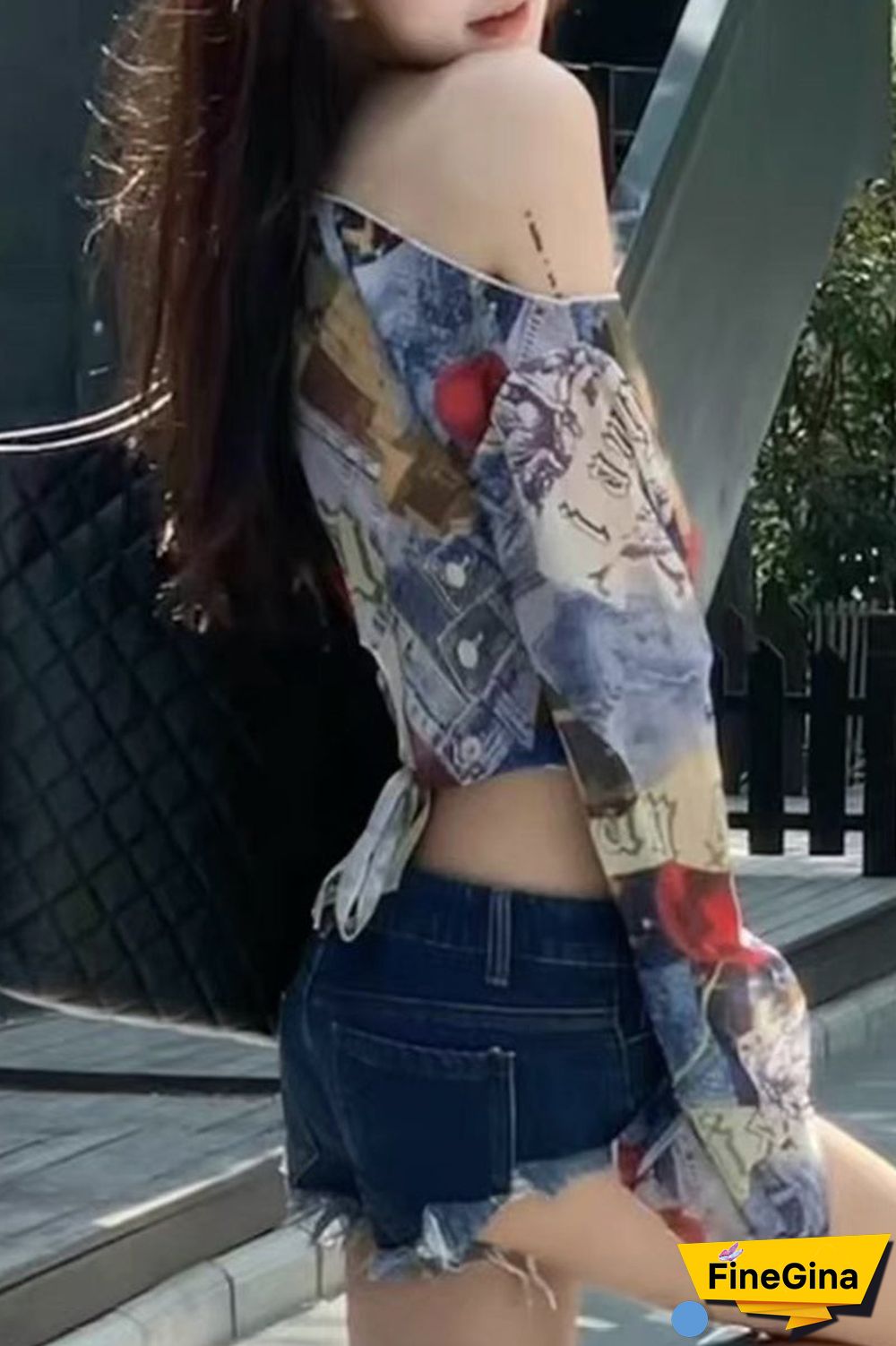 Sexy College Print Asymmetrical Oblique Collar Tops