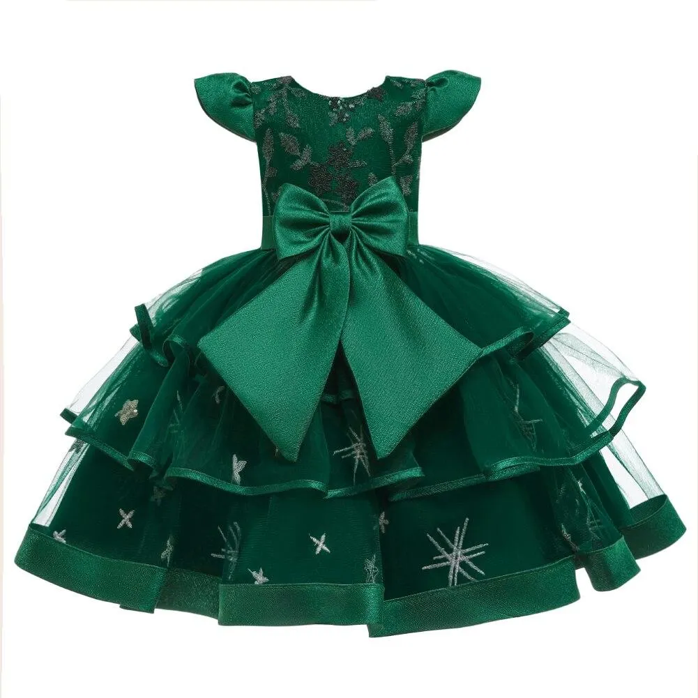 Children's Bow Sequined Prom Wedding Bridesmaid Dress Girl Flying Sleeves Multi-Layer Mesh Princess Dress