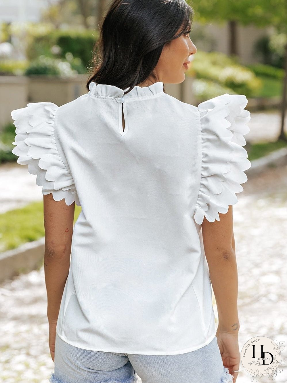 White Mock Neck Blouse with Ruffles