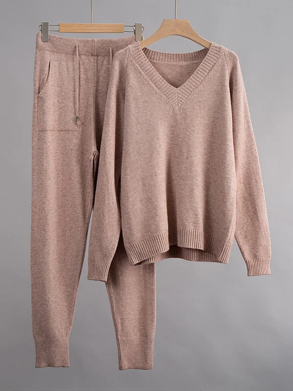 Casual Roomy Pure Color V-Neck Sweater Tops& Drawstring Pants Suits