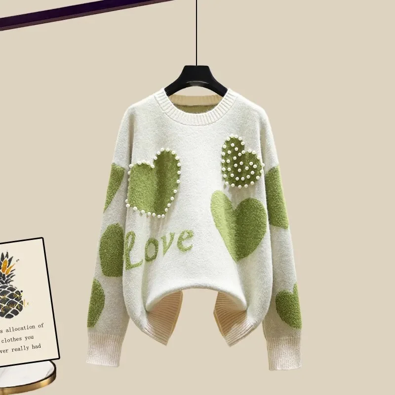 Zingj Winter New Warm Sweater 3 piece set Women Korean Fashion Sweet Heart-shaped beaded Sweater +Lamb wool vest +Pants Suits
