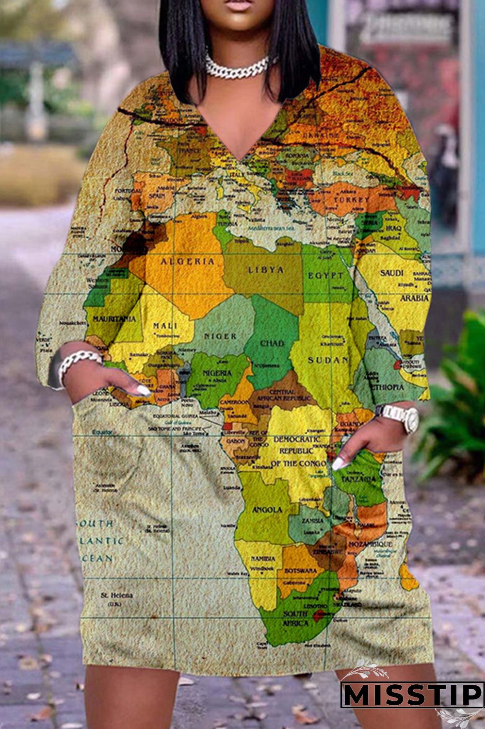 Black Casual Print Patchwork V Neck Long Sleeve Dresses