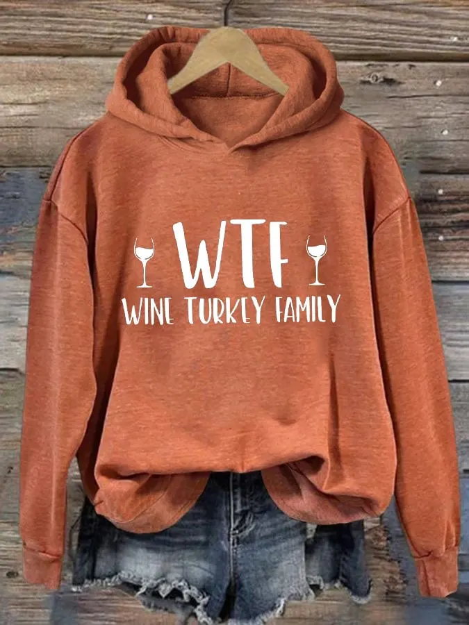 Women's Wine Turkey Family Print Hoodie 
