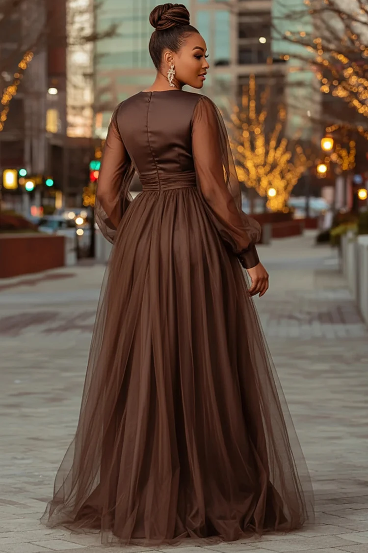 Xpluswear Design Plus Size Formal Satin Brown V Neck Lantern Sleeve Long Sleeve Split Elegant See Through Tulle Maxi Dresses [Pre-Order]