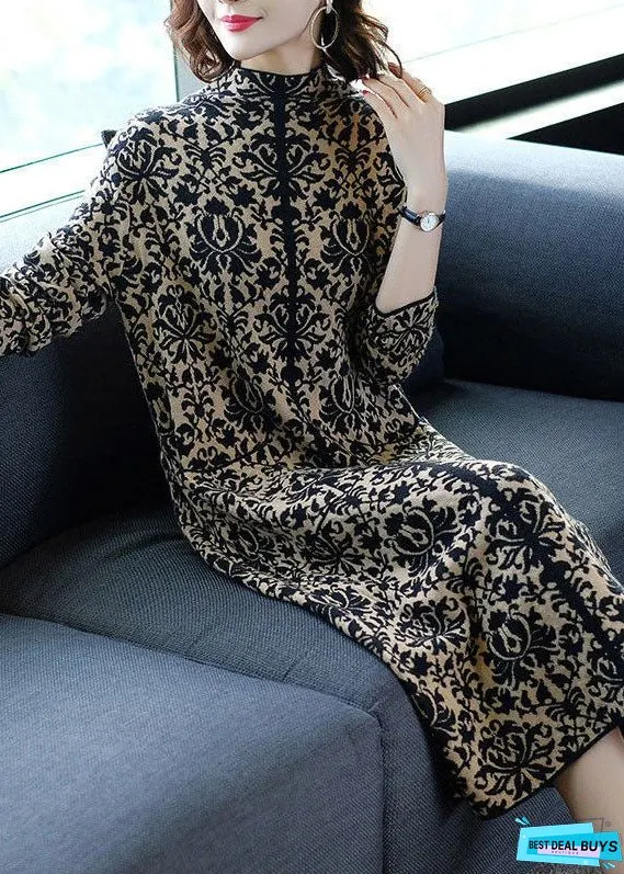 Slim Fit Navy Stand Collar Print Pockets Long Knit Dress Winter