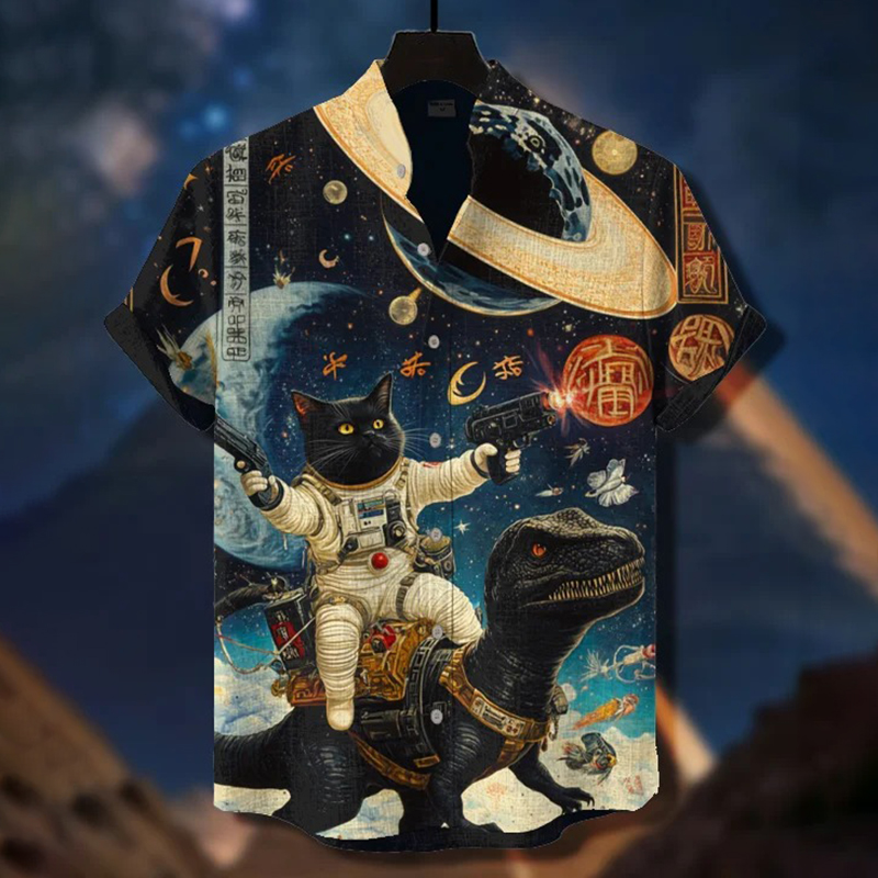 Men's Space Black Cat Astronaut Dinosaur Sci-fi Art Print Short Sleeve Shirt  artssus