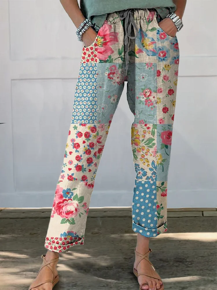 Women's Retro Floral Elegant Patchwork Art PrintedCasual Pants socialshop