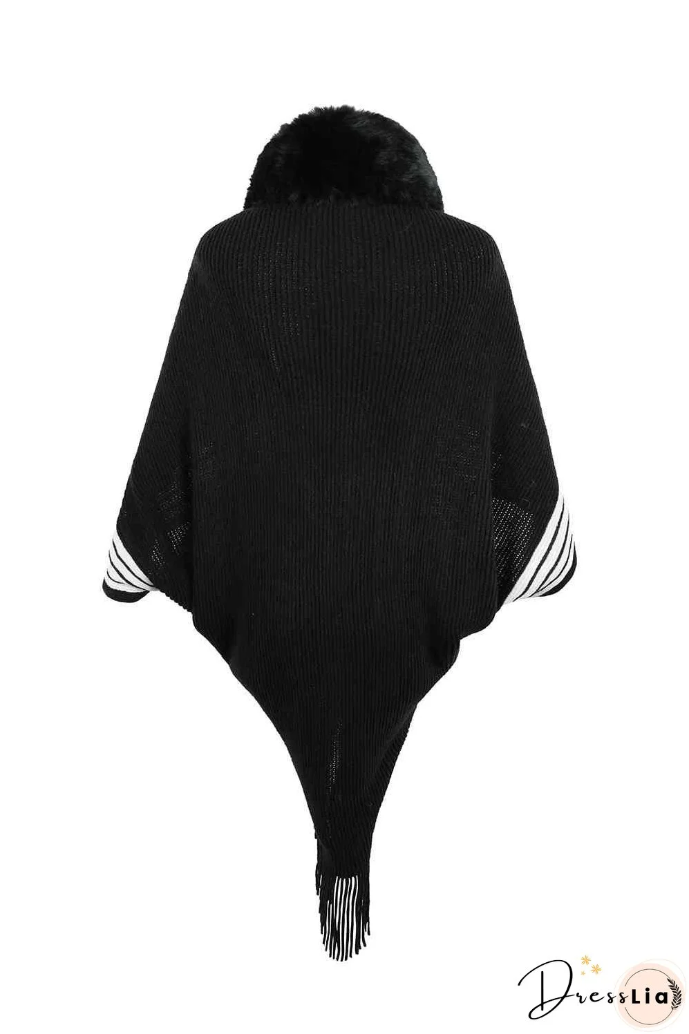 Striped Fringe Detail Long Sleeve Poncho