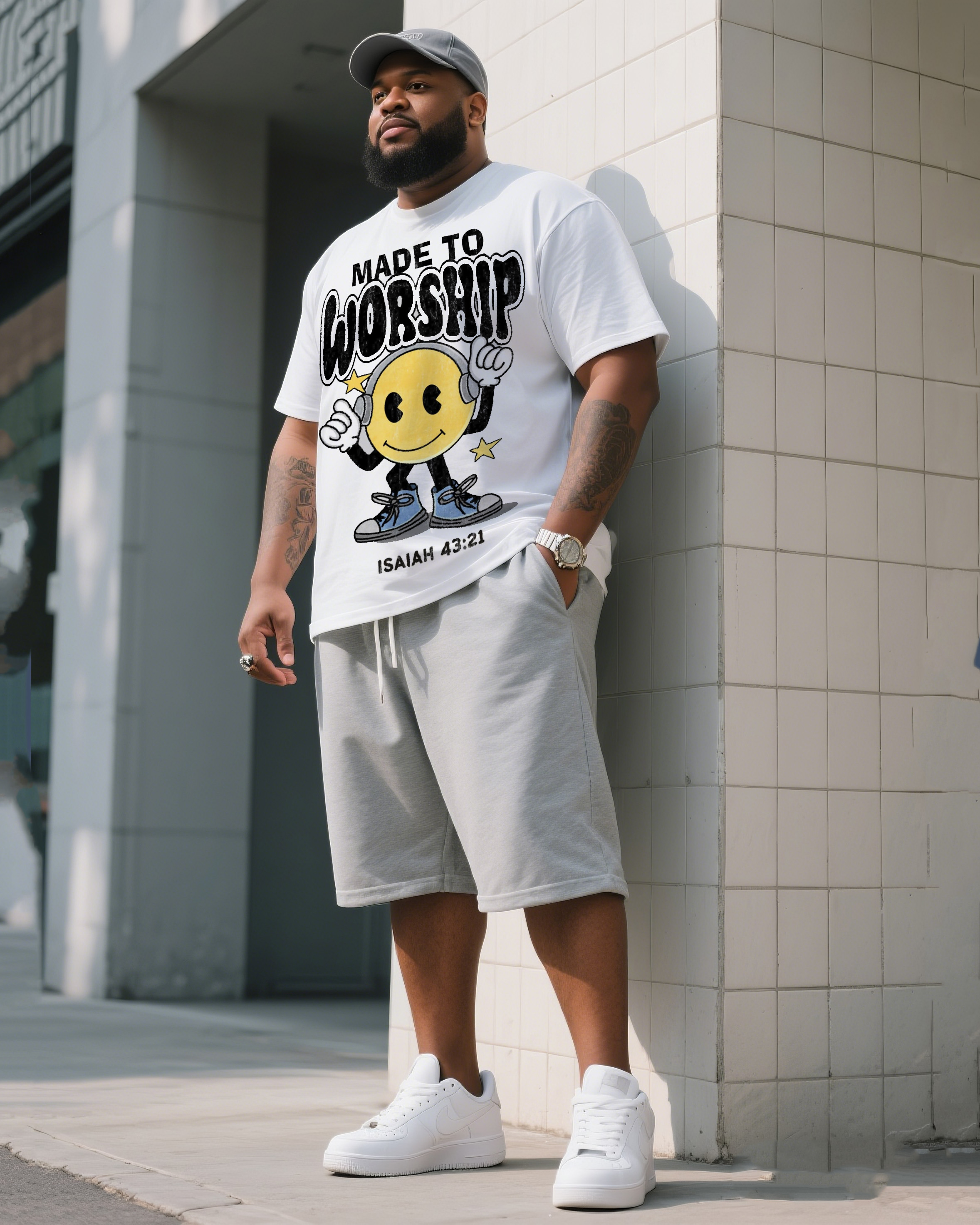 Daily Casual For Big Men Made For Worship Of God Printed Short Sleeve T-Shirt Shorts Suit