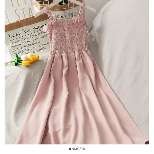 Sleeveless Dress Summer Women Off Shoulder Spaghetti Strap Slim Stretchy Breathable Soft Female Loose  All-match Simple Sweet