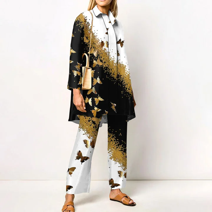 Stand Collar Gold Butterfly Panel Shirt Two Piece Set