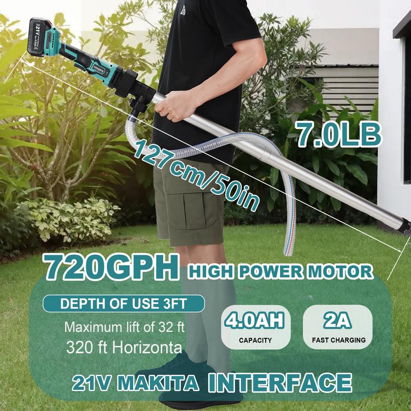 Product Introduction of Kaitnax Cordless Stick Water Transfer Pump. with 4000mAh 21V Battery & Charger. 720GPH. 32FT Head. Handheld Portable Utility Sump Pump Kit with 3/4" Outlet for Pool/Garden/Pond/RV/Boat Draining 3