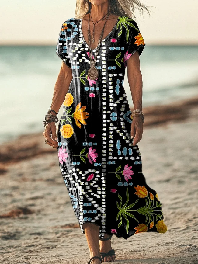 Women's Vintage Floral Art Print Short Sleeve Pocket Cotton Linen Dress