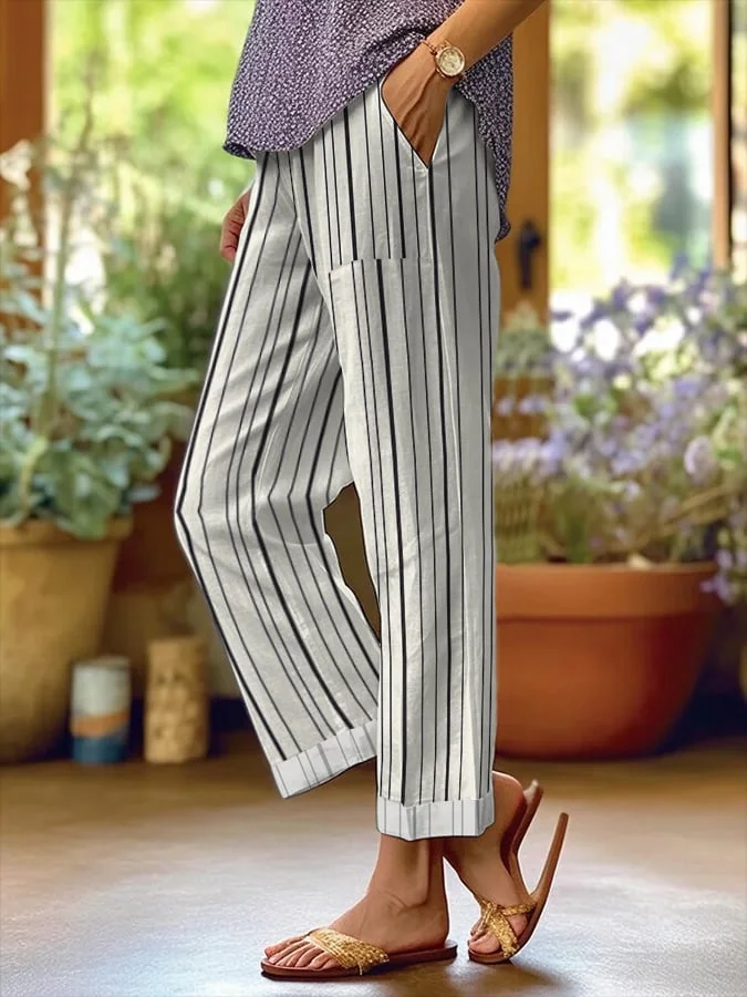 Women's Simple Striped Design Loose Pocket Splicing Casual Pants socialshop