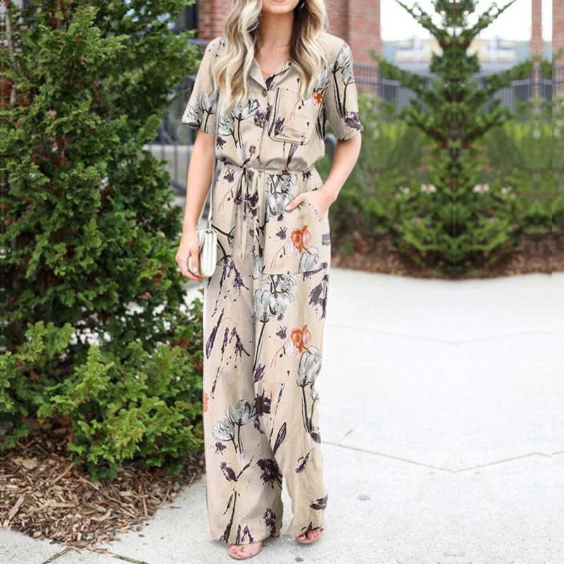 Summer Jumpsuits Women Vintage Floral Print Wide Leg Overalls ZANZEA Casual Lapel Neck Short Sleeve Long Rompers Loose Playsuits