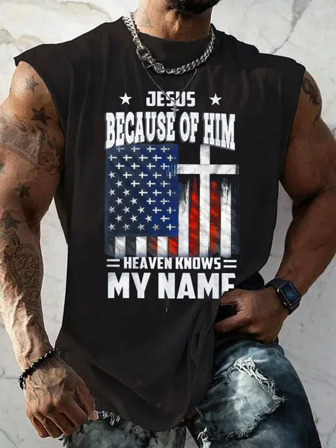 Men's Jesus Because Of Him Heaven Knows My Name Print Tank Top