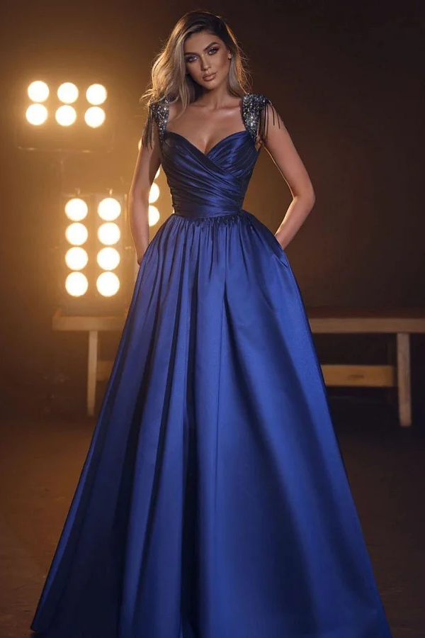 Daisda Charming Navy Blue Sleeveless A-Line Pleated Prom Dress with Beadings