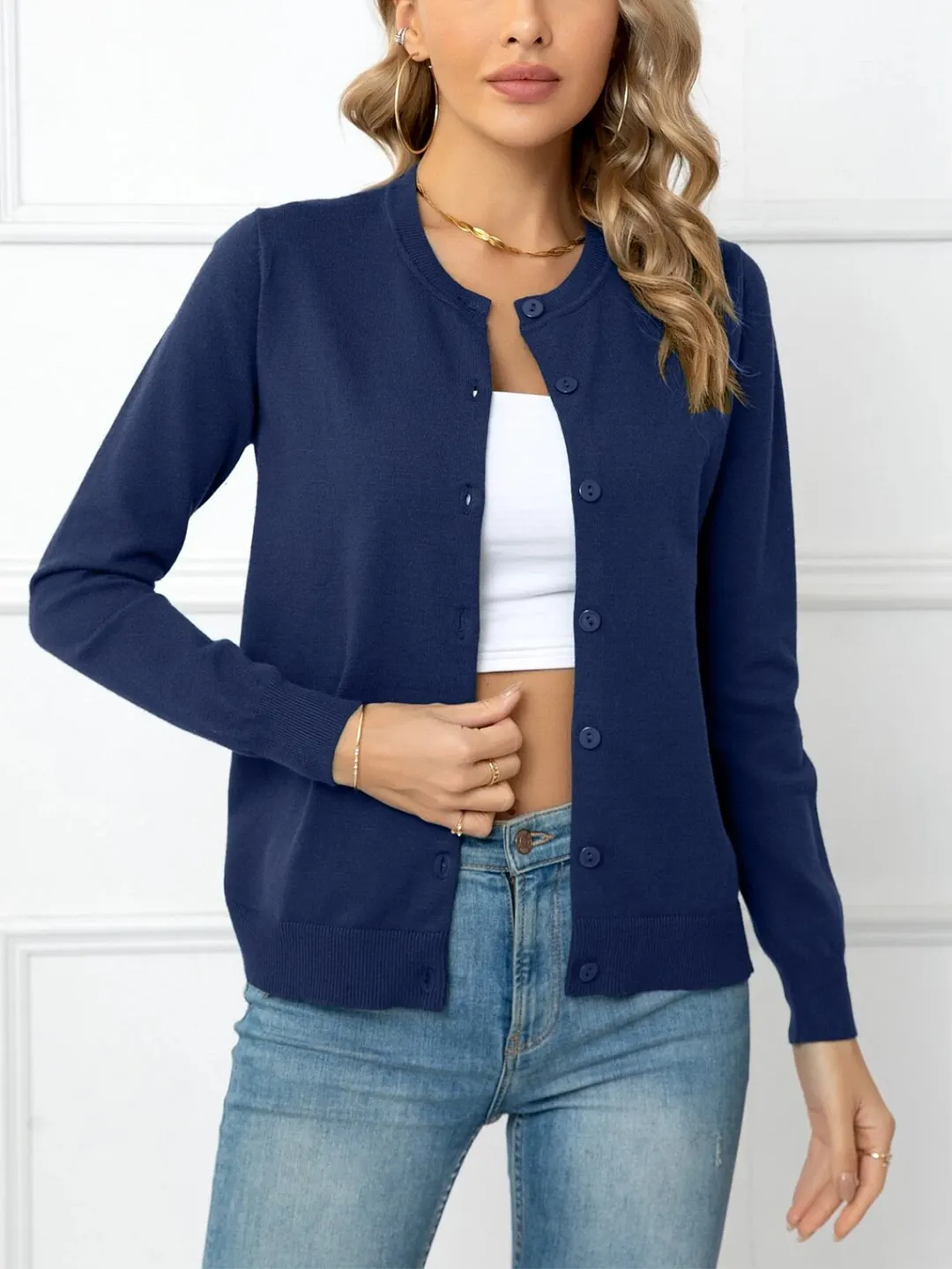 Nigikala Nigikala And Autumn Solid Color Round Collar Single Buckle Sweater Coat Casual Long-Sleeved Knitted Shirt Woman