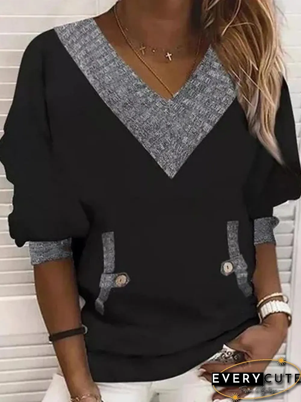V Neck Casual Simple Long Sleeve Loosen Sweatshirts
