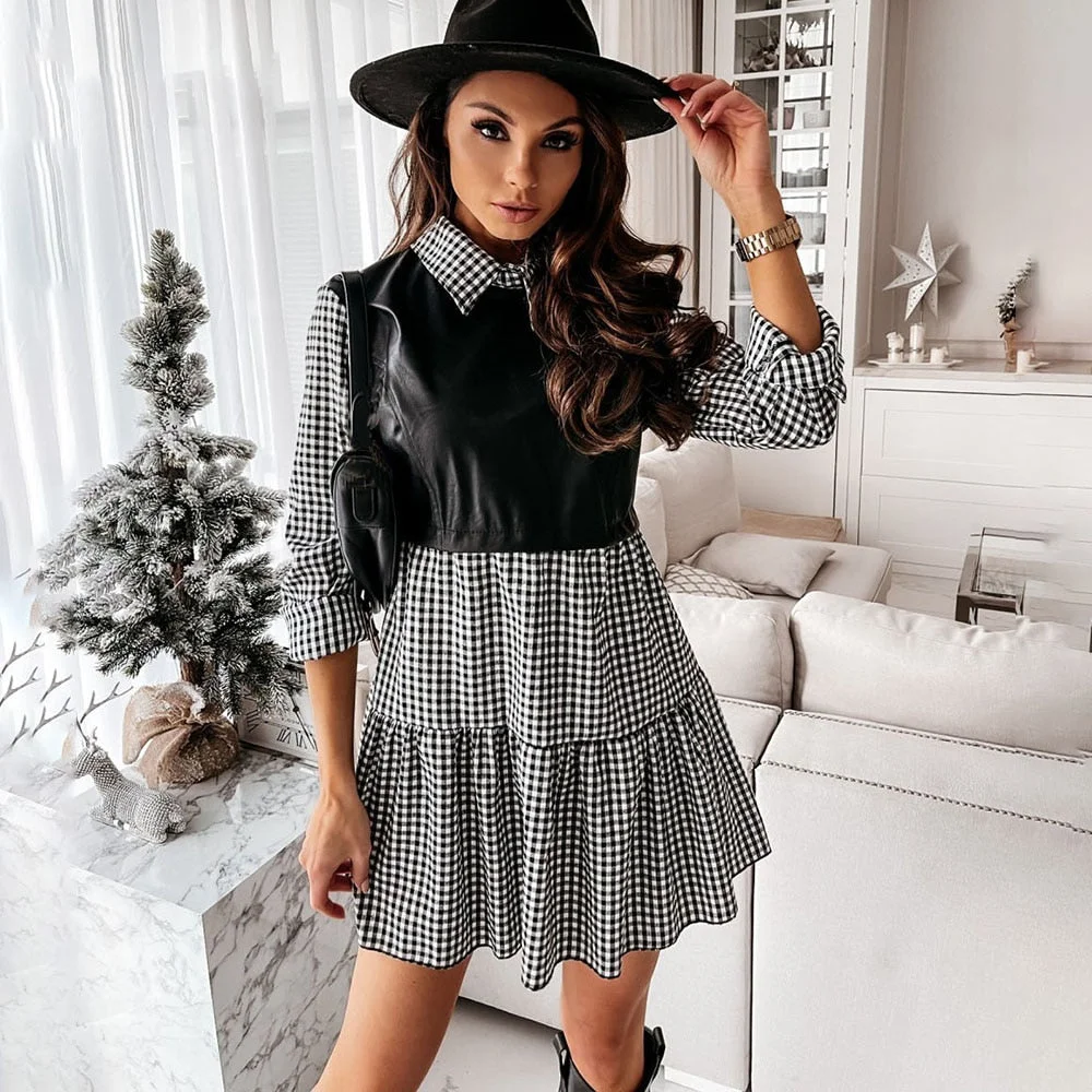 Casual Long Sleeve Mini Shirt Dress For Women White Spring PU Leather Patchwork Plaid Woman Dresses Clothing Femme Robe