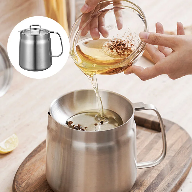 2-in-1 304 Stainless Steel Multifunctional Oil Strainer Pot,Oil Strainer Pot Fryer, Stainless Steel Oil Filter Pot With Strainer For Kitchen, Large Capacity Versatile Oil Filter Vessel