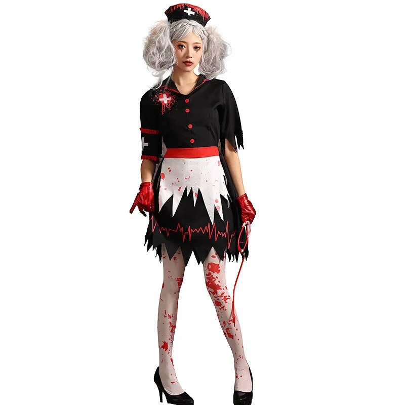 [Wetrose] Halloween Bloody Doctor Cosplay Costume Black Nurse For women kids kid set party carnival ripped