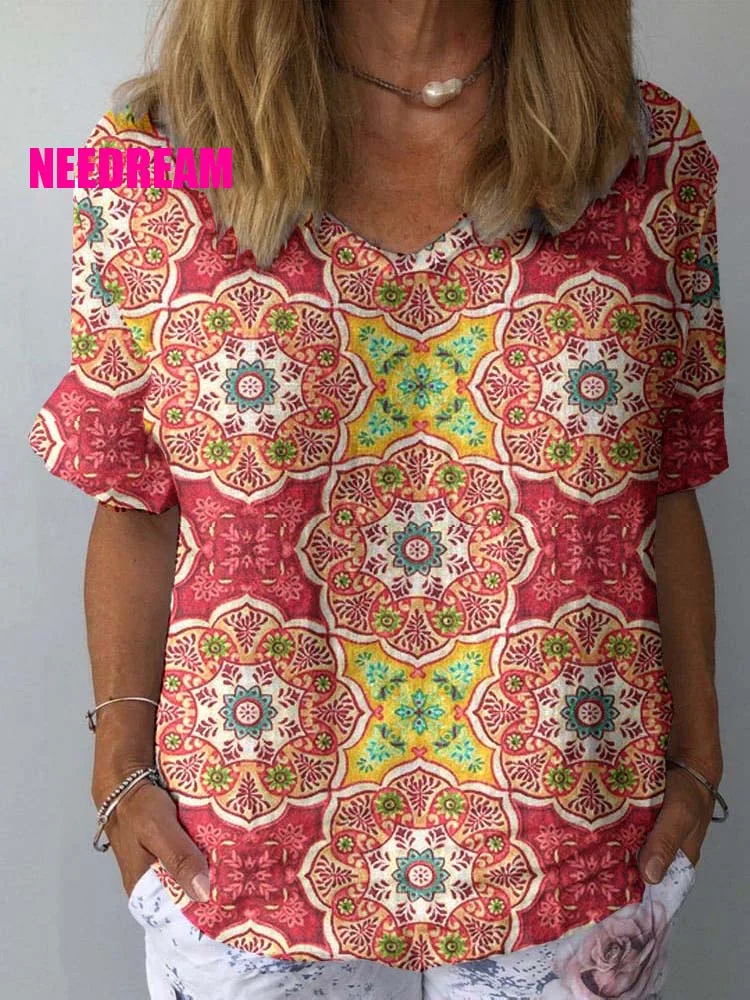 Womens Vintage Floral Pattern Print Cotton And Linen Top
