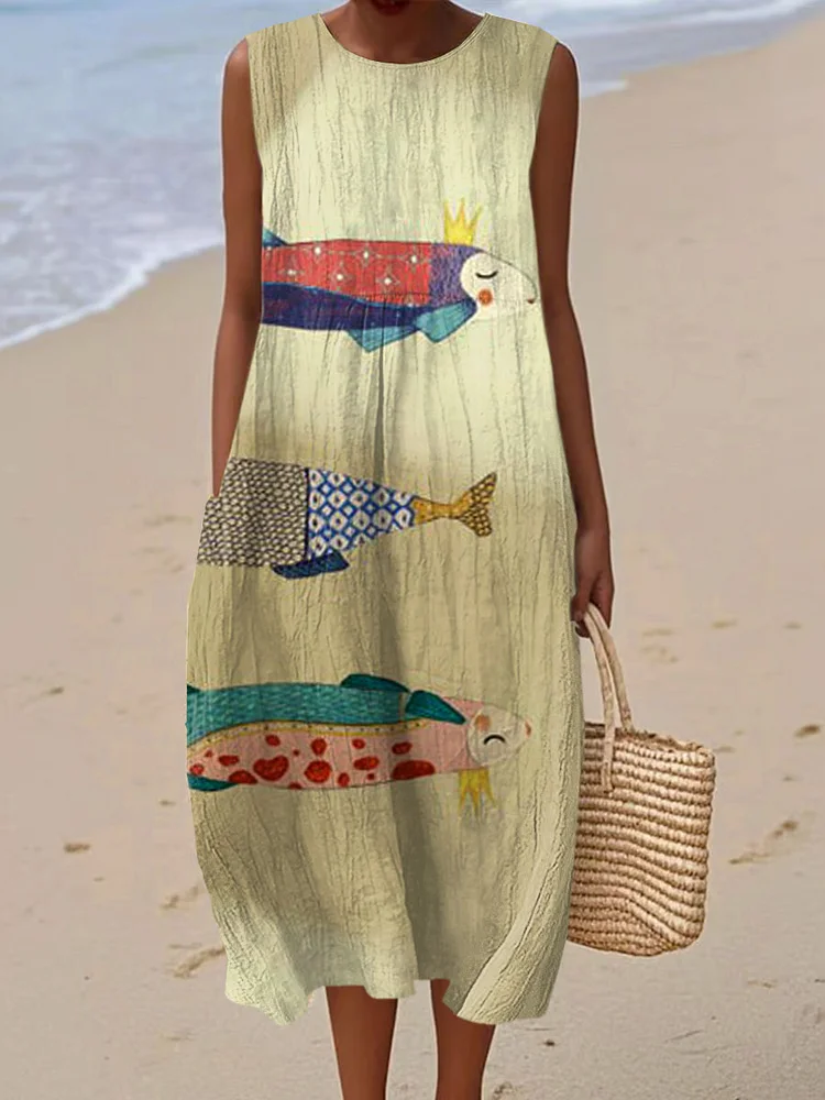 Women's Vintage Fish  Art Print Sleeveless Cotton Pocket Wrap Dress