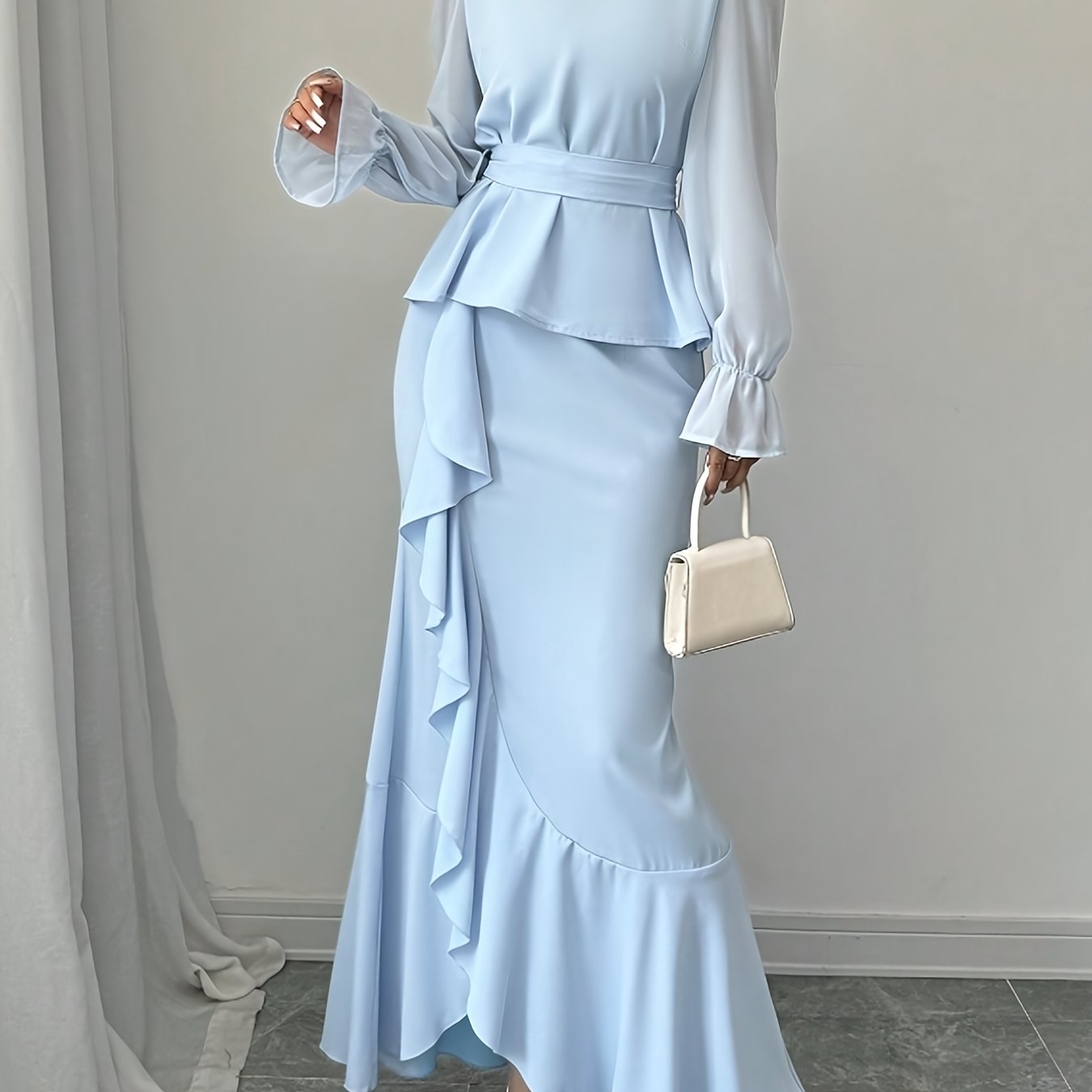 Gentle and elegant ruffle sleeve fishtail skirt step by step for Lotus ladies two-piece set