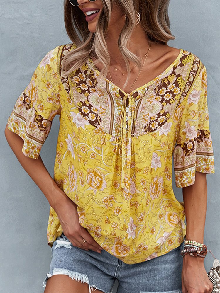 Bohemian Flower Print O neck Knotted Half Sleeve Blouse P1849645