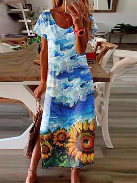 Women Short Sleeve Scoop Neck Floral Printed Maxi Dress