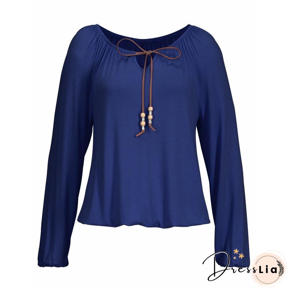 Women Solid Color V Neck Solid Tops Bowknot Long Sleeve Shirt Loose Comfort Blouse