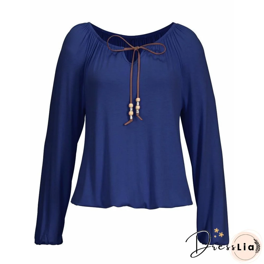 Women Solid Color V Neck Solid Tops Bowknot Long Sleeve Shirt Loose Comfort Blouse