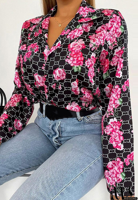 MidiSono - Long Sleeve Floral Print Shirt Top