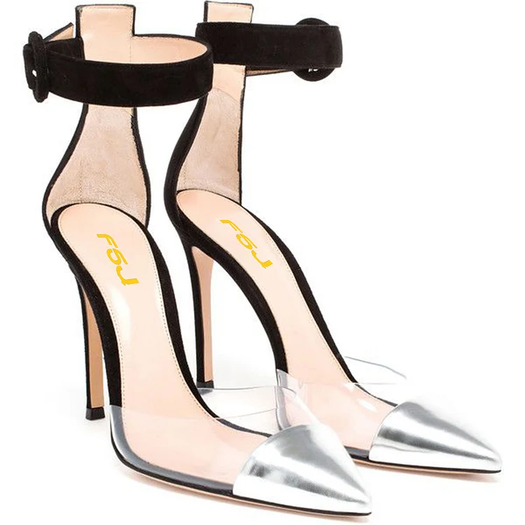 Silver Pointed-toe Transparent Stilettos, High Heels