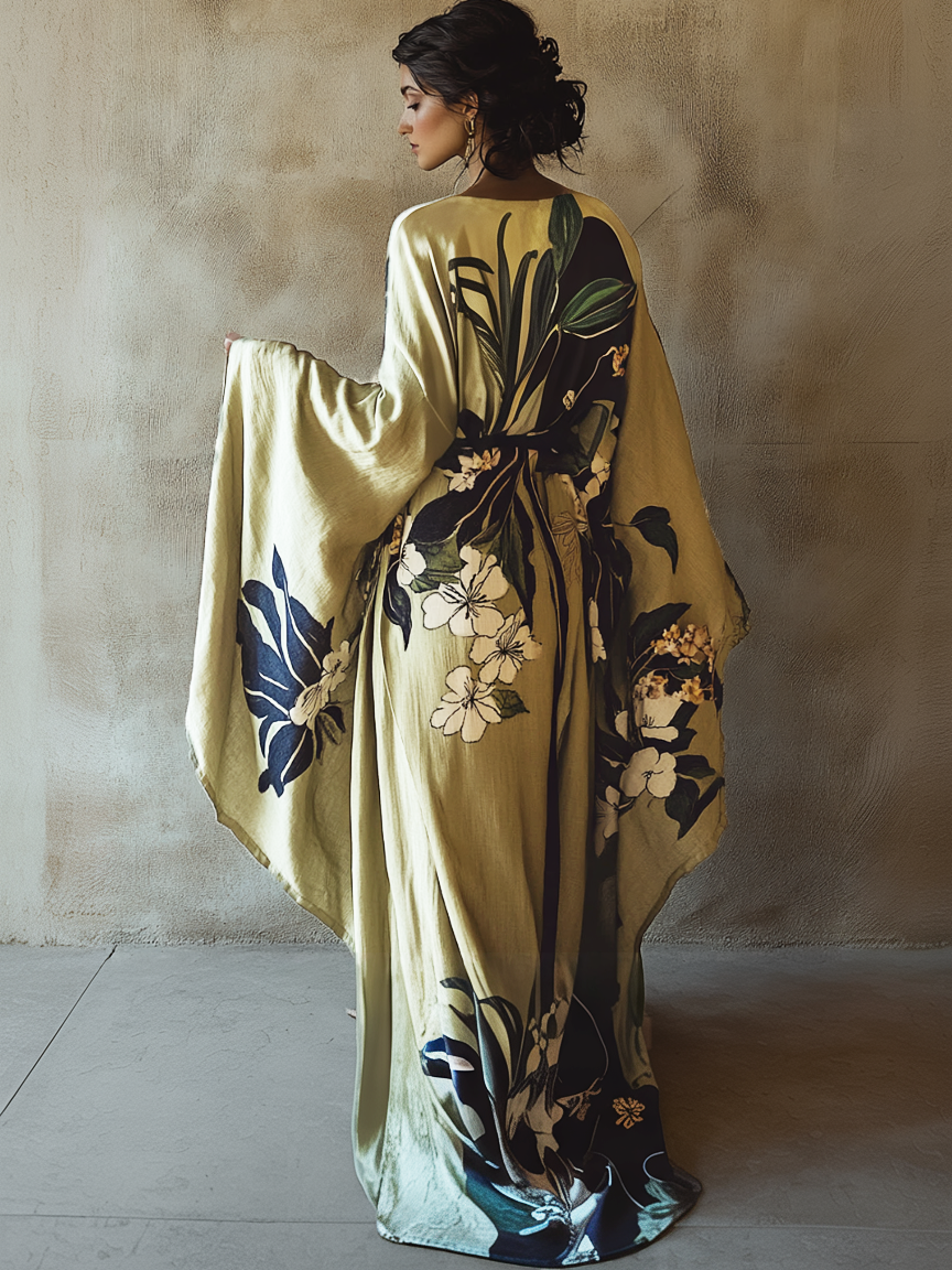 Women's Green Lily Kimono Linen Robe (Including Belt)