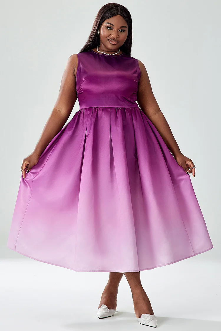 Xpluswear Design Plus Size Homecoming Dress Purple Satin Gradient Print Sleeveless A-Line Midi Dress 