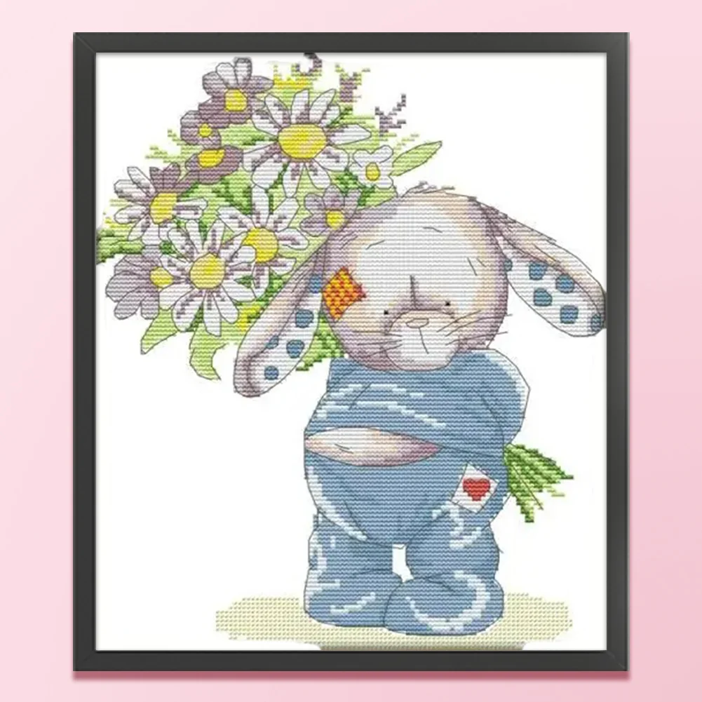 DIY Stamped Cross Stitch 14CT Partial Embroidery 28*32cm - Bunny Presents Flowers