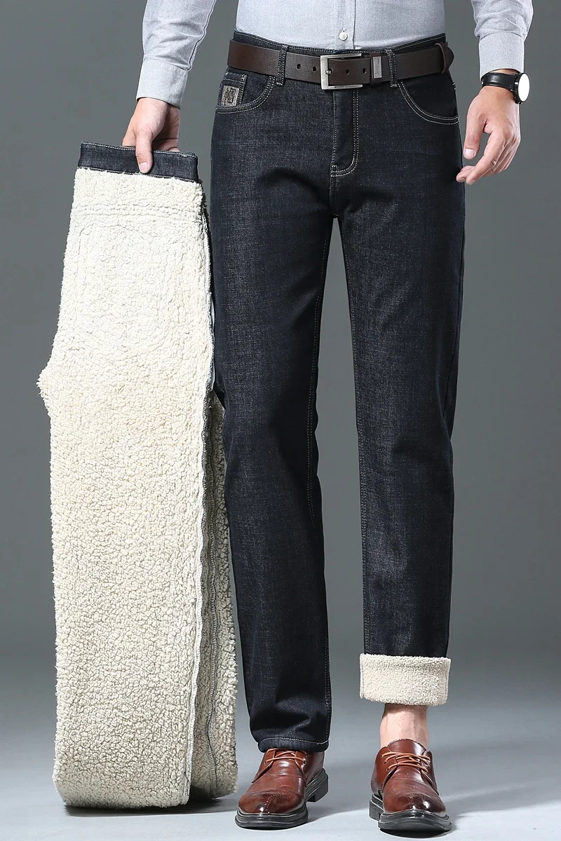 Inquiraton Winter Wool Velvet Men's Jeans Fleece Thickened Straight Mid-waist Business Casual Comfortable Thermal Straight Denim Trousers
