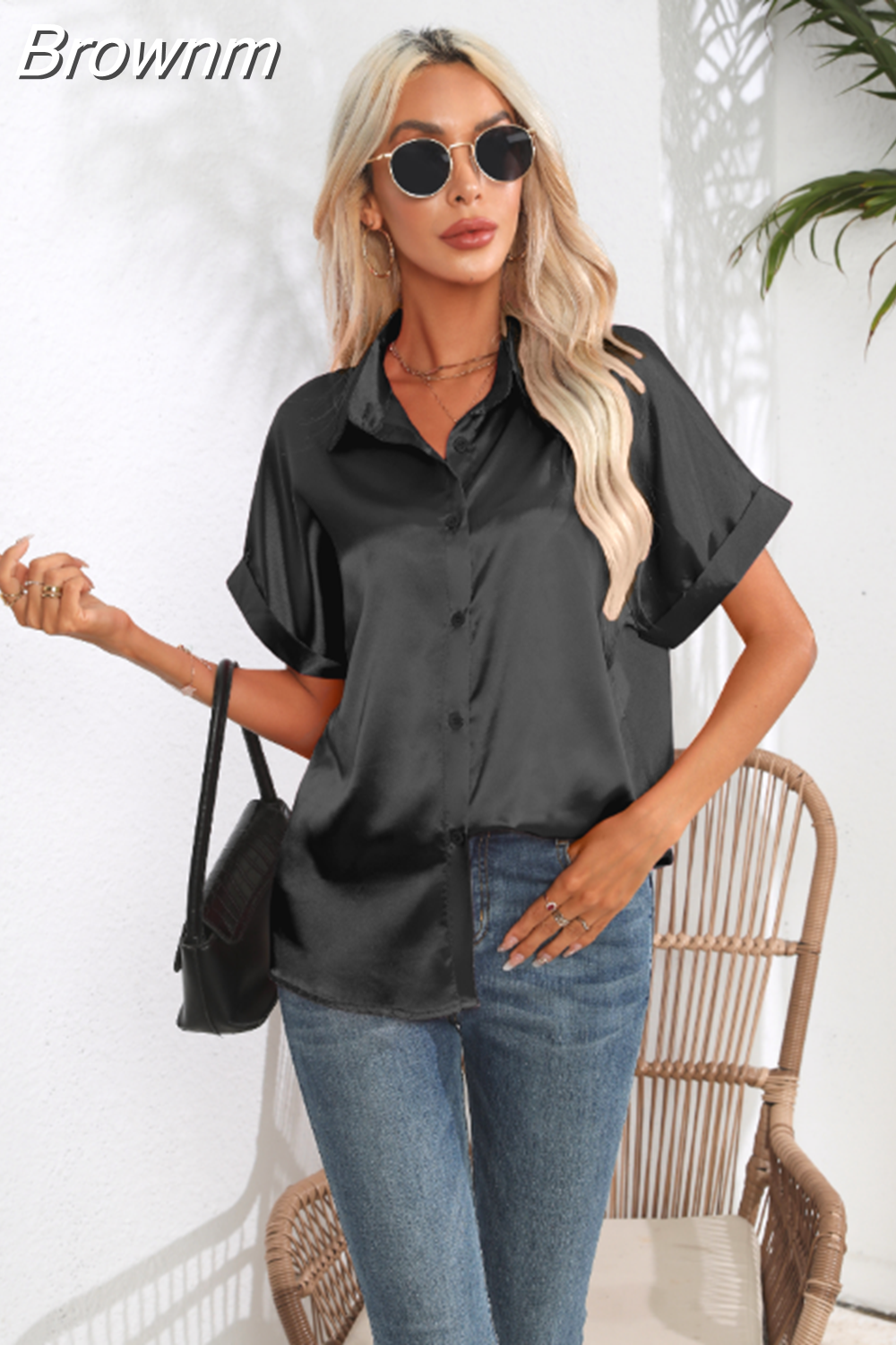Brownm Loose Satin Casual White Shirt Women Short Sleeve Button Up Silk Blouse Women Elegant Office Lady Solid Tops Blusas 26103