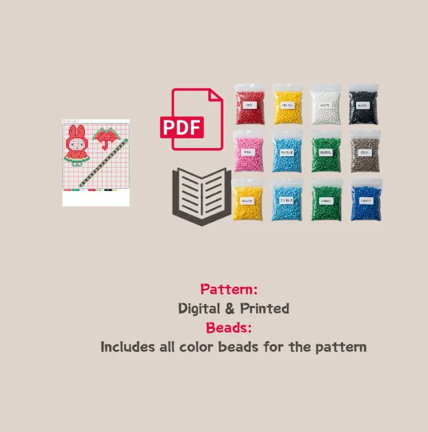 Watermelon Miffy & Umbrella & Stripe Pattern Fuse Bead Kit  | Cute DIY Fuse 1366 Beads Set