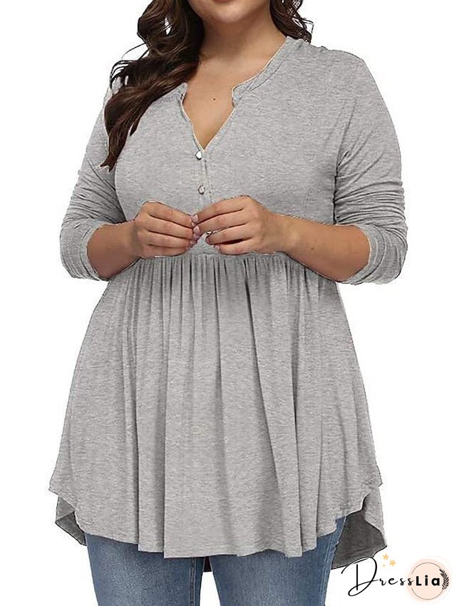 T shirt Tee Light Blue claret Deep Purple Plain Button Flowing tunic Long Sleeve Daily Weekend Basic V Neck Long Plus Size L for Women