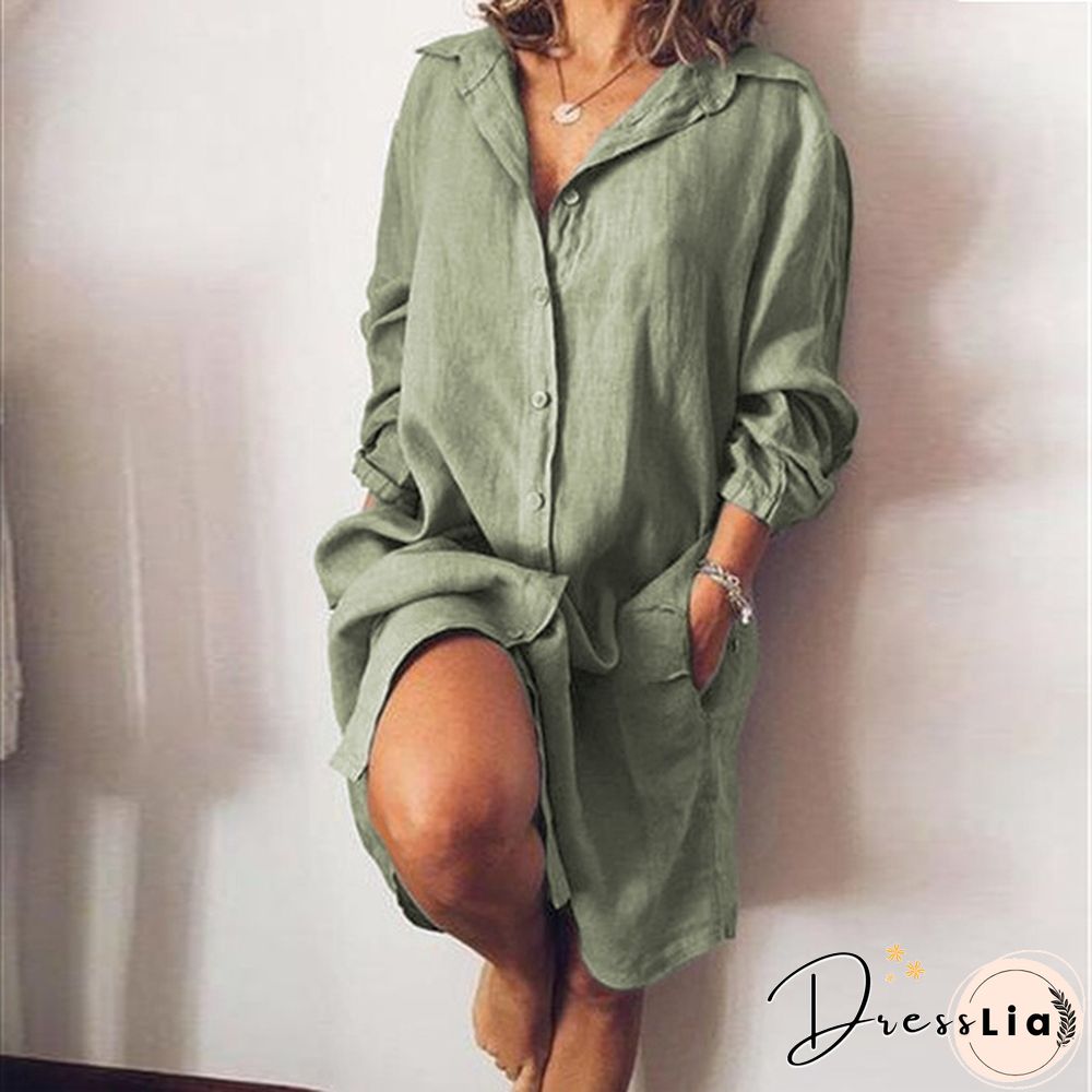 Women Turn-down Collar Long Sleeve Tunic Tops Long Blouse Button Down Mini Shirt Dress