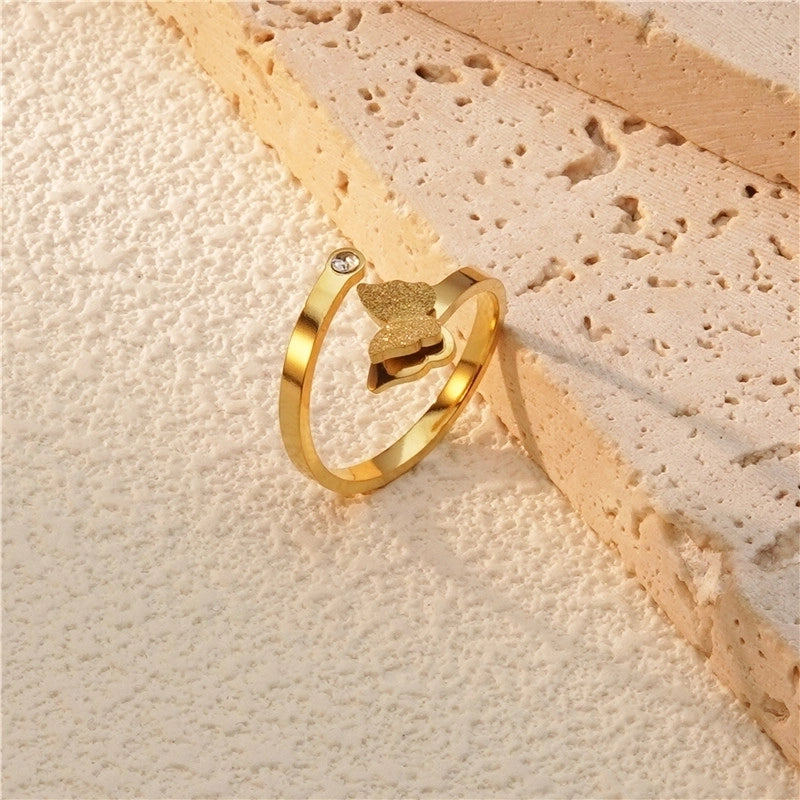 Sweet Minimalist Butterfly 304 Stainless Steel Artificial Rhinestones 18K Gold Plated Plating Butterfly Open Rings